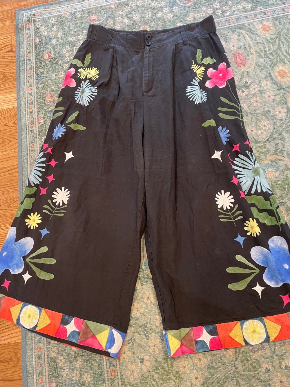 gorman Black Wide-Leg Pants with Multicolor Floral Border